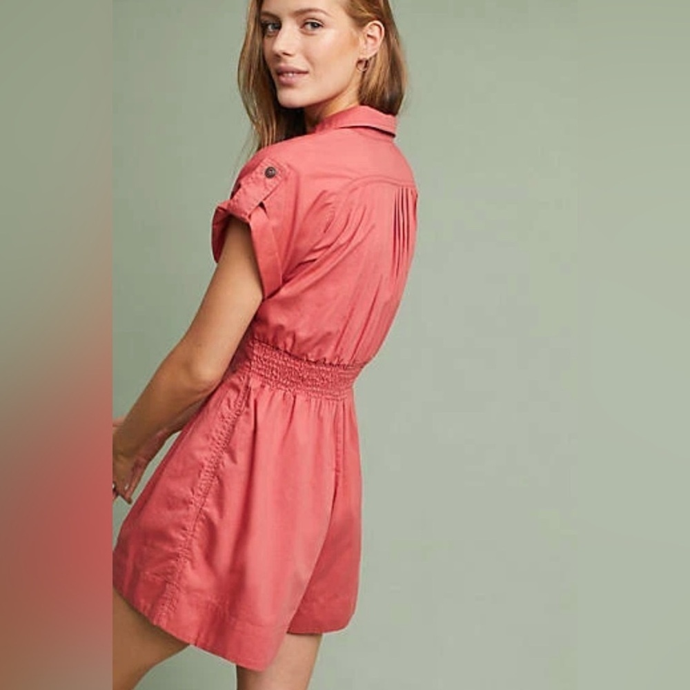 Anthropologie Holding Horses Coral Zip Front Romper 6 Cotton Lyocell Utility - Picture 2 of 16